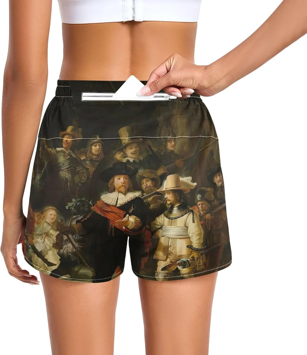 Yoga Athletic Shorts with Pockets Everyday, Small Rembrandt Print Night Watch Running Shorts cereal urge boycott negotiate intent for Women Casual High Waisted 