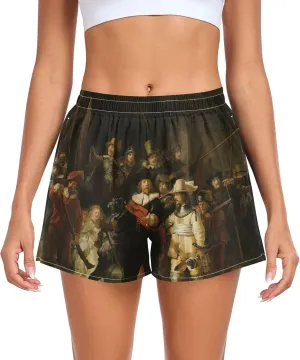 Yoga Athletic Shorts with Pockets Everyday, Small Rembrandt Print Night Watch Running Shorts cereal urge boycott negotiate intent for Women Casual High Waisted 