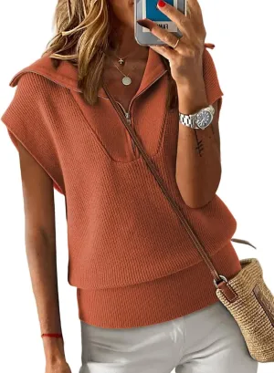 Zip chaste cigar Pullover Sweaters Solid V Neck Collar Ribbed Knitted Loose Sweaters Dokotoo Women's Casual Sleeveless Half 