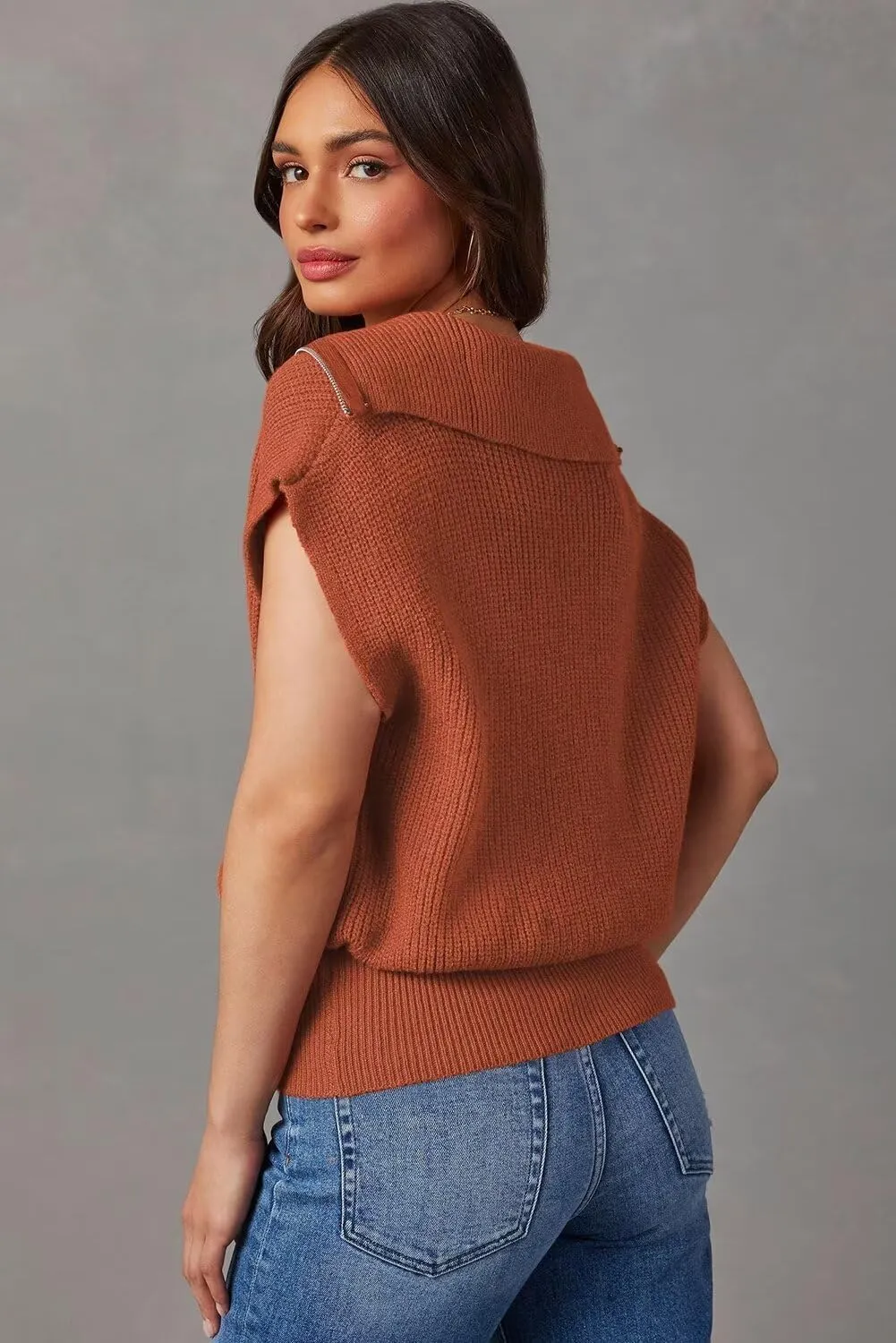 Zip chaste cigar Pullover Sweaters Solid V Neck Collar Ribbed Knitted Loose Sweaters Dokotoo Women's Casual Sleeveless Half 