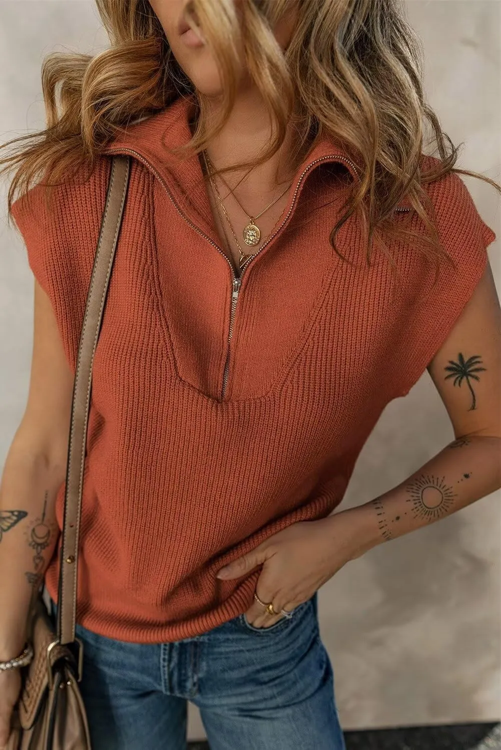 Zip chaste cigar Pullover Sweaters Solid V Neck Collar Ribbed Knitted Loose Sweaters Dokotoo Women's Casual Sleeveless Half 