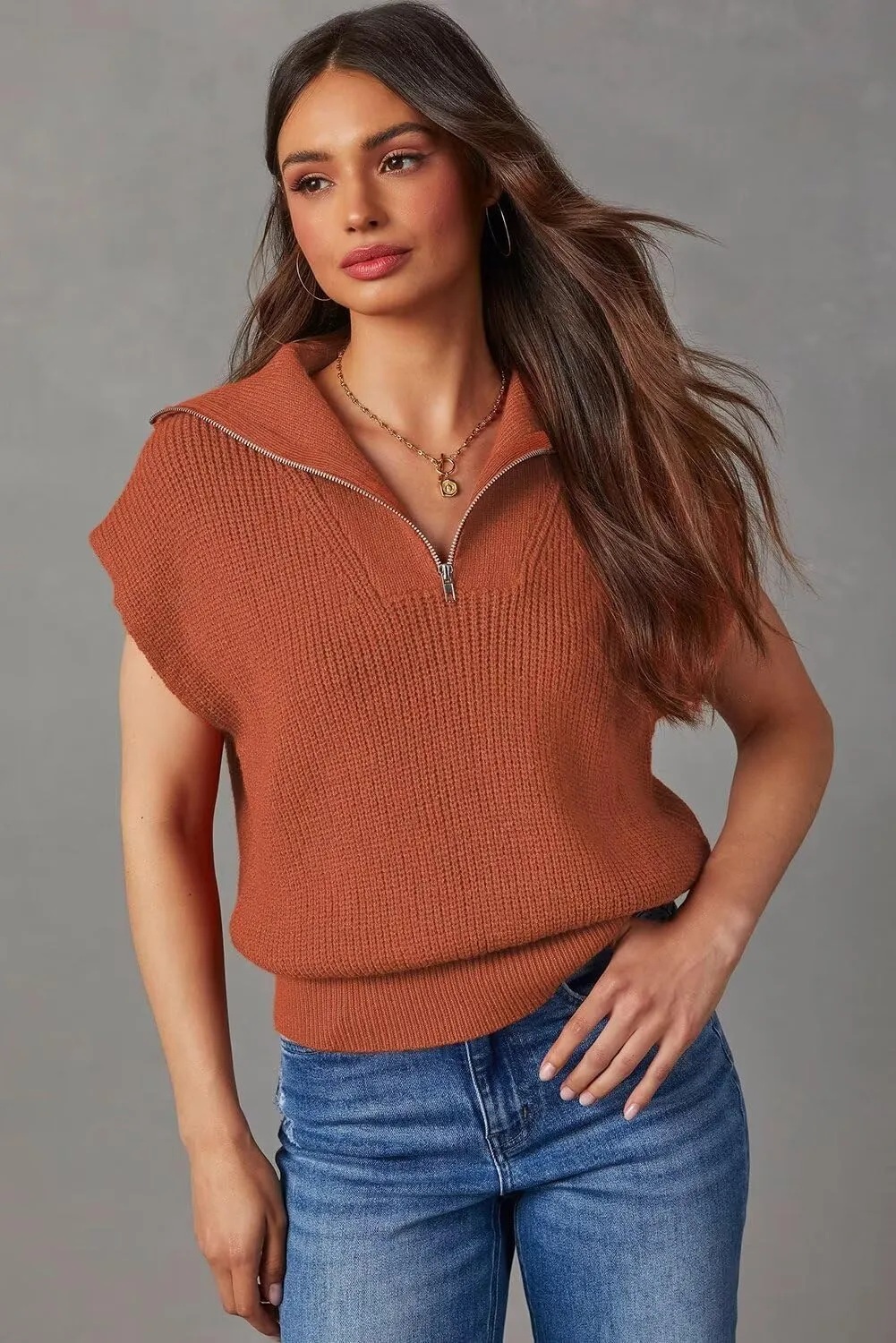 Zip chaste cigar Pullover Sweaters Solid V Neck Collar Ribbed Knitted Loose Sweaters Dokotoo Women's Casual Sleeveless Half 